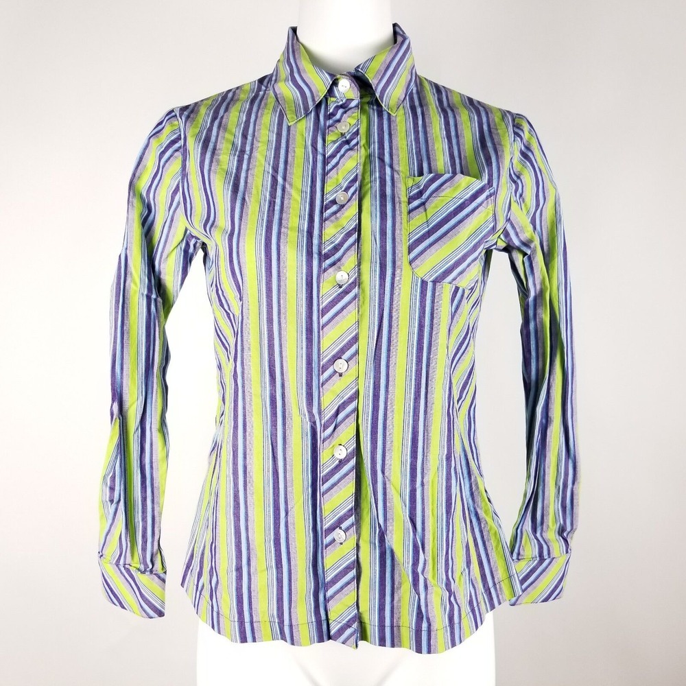 Monterey Bay Women's Button Down Top Size 6 Petite Purple‎ Green Striped Shirt